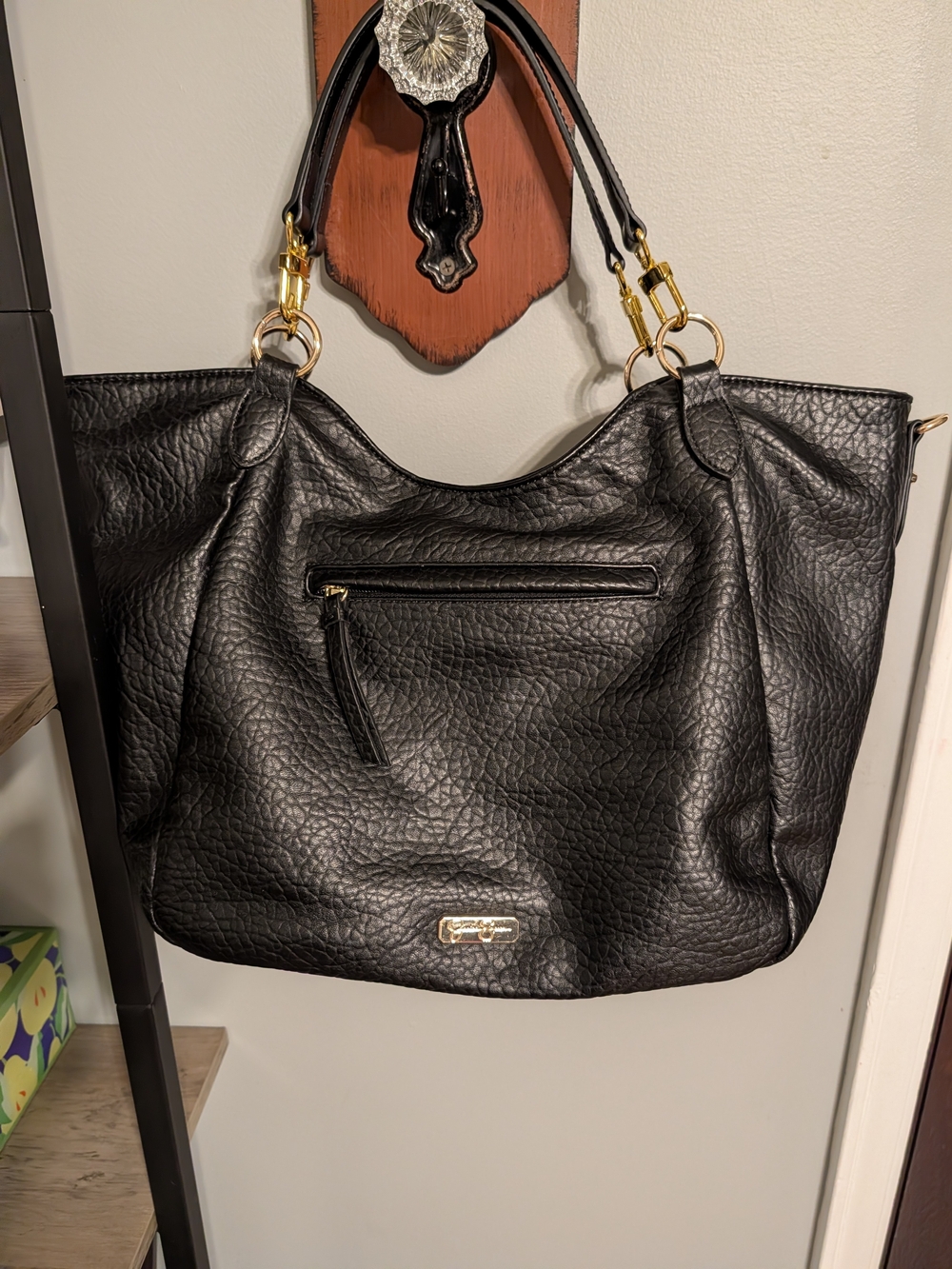 Jessica Simpson Black Leather Tote Handbag with Gold Hardware